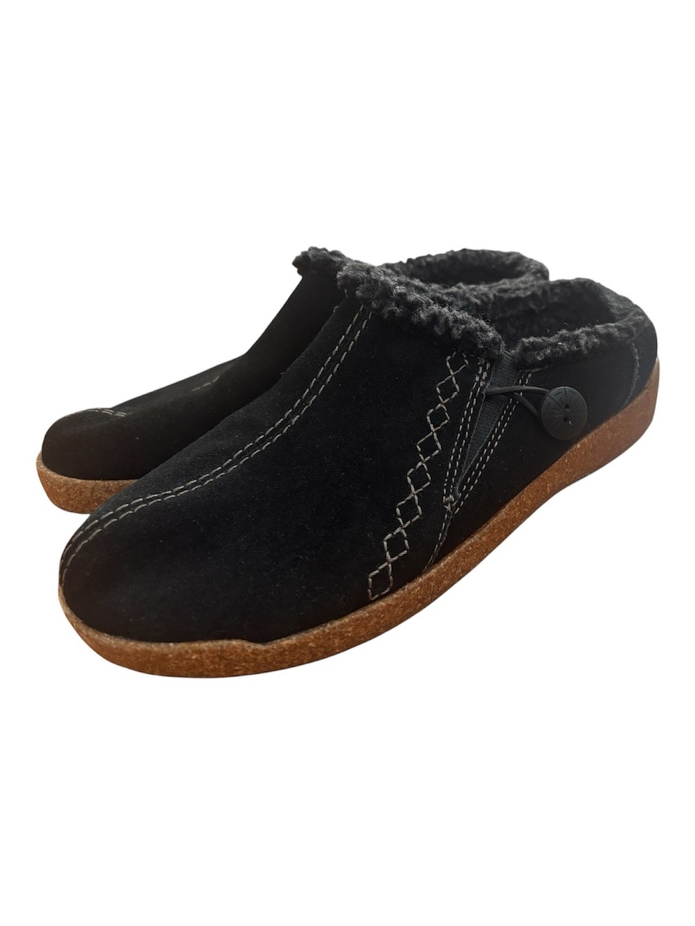 Earth Origins Suede Slip On Clogs with Faux Fur Trim Johanna Black Size 8